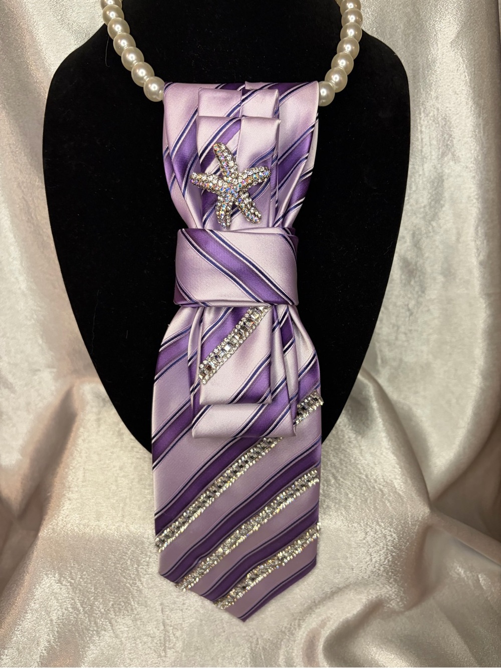 Lavender & Purple Striped Satin women’s Tie with Rhinestone Star